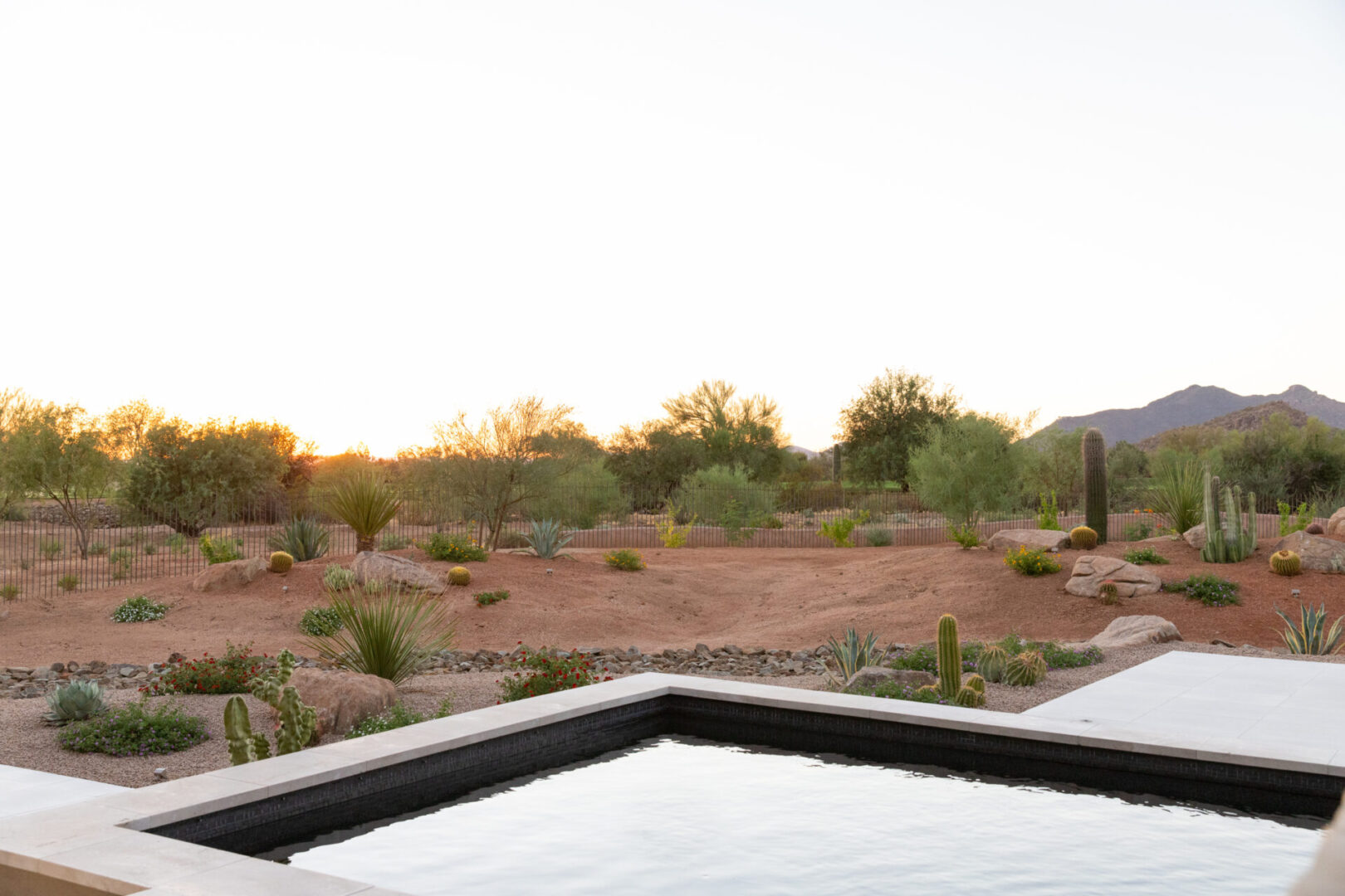 A view of the desert from an outdoor pool.