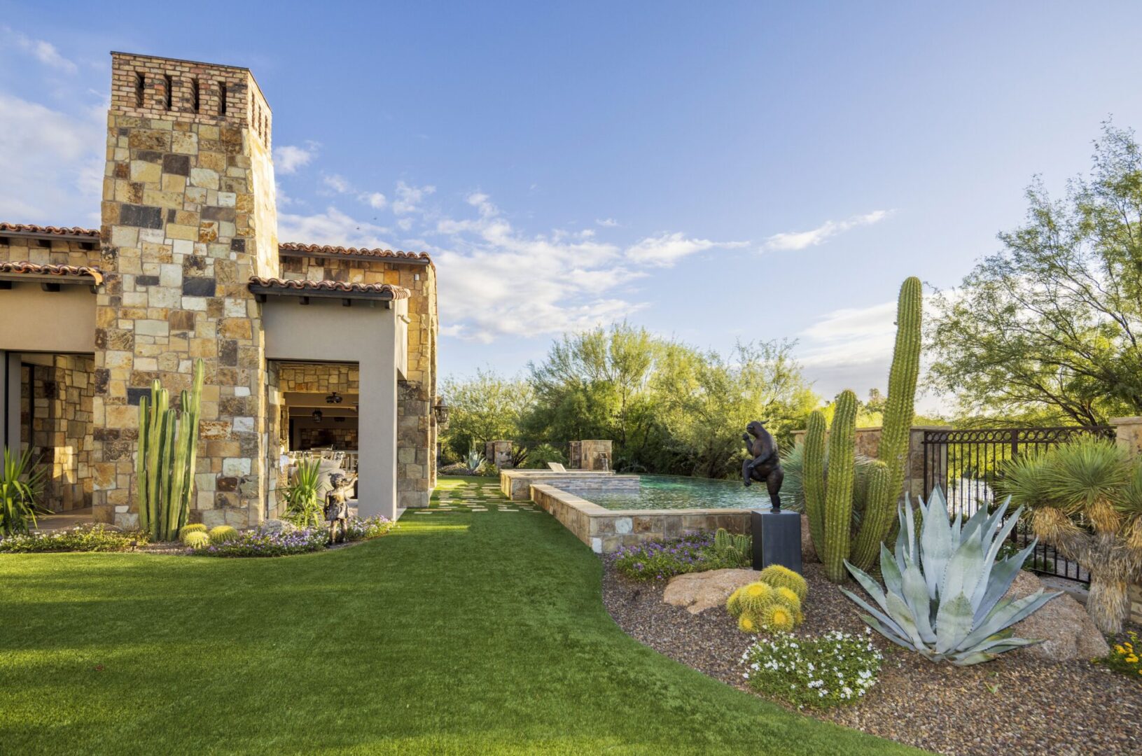 A backyard with a pool and cactus.