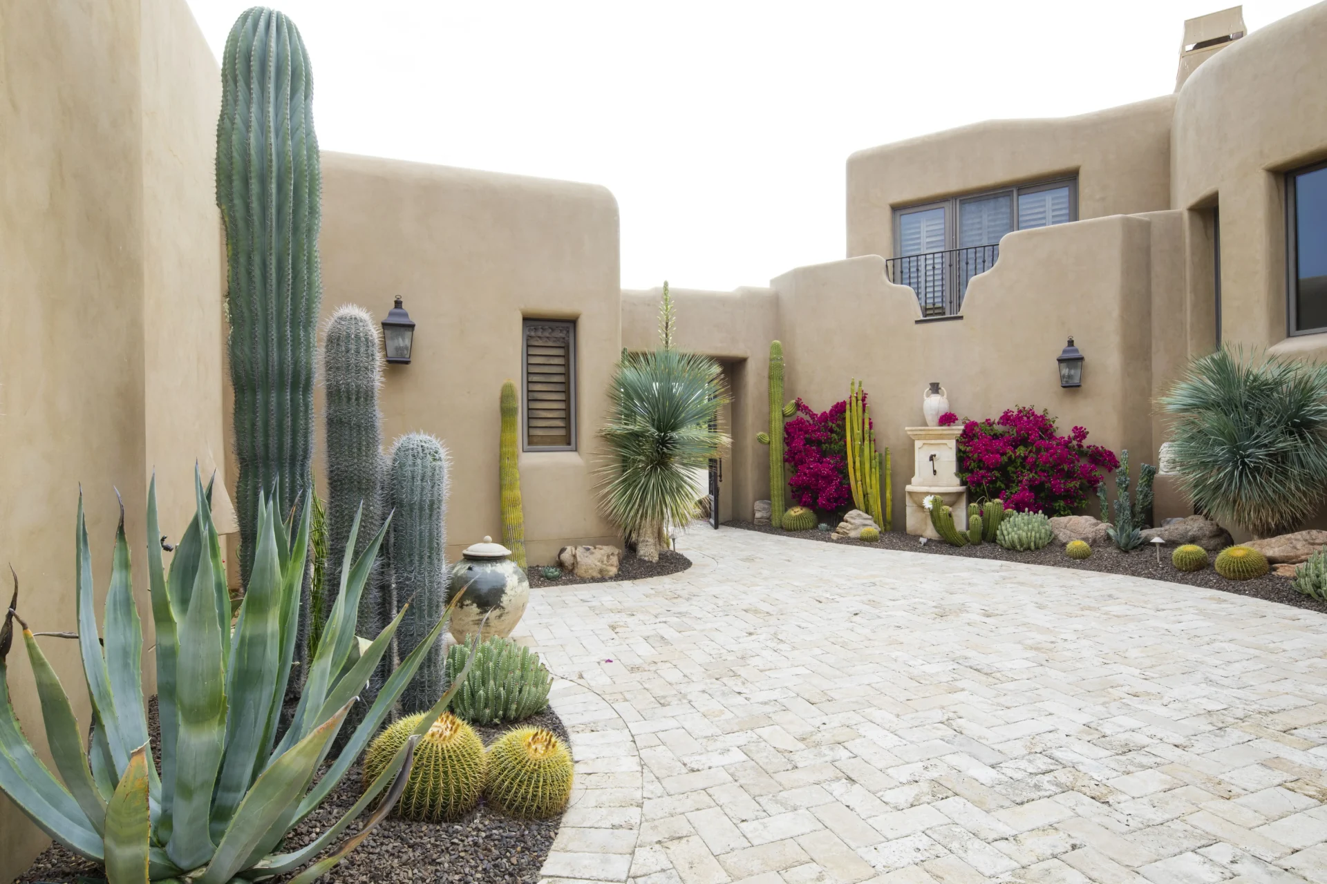 A courtyard with cactus and flowers in the middle of it.