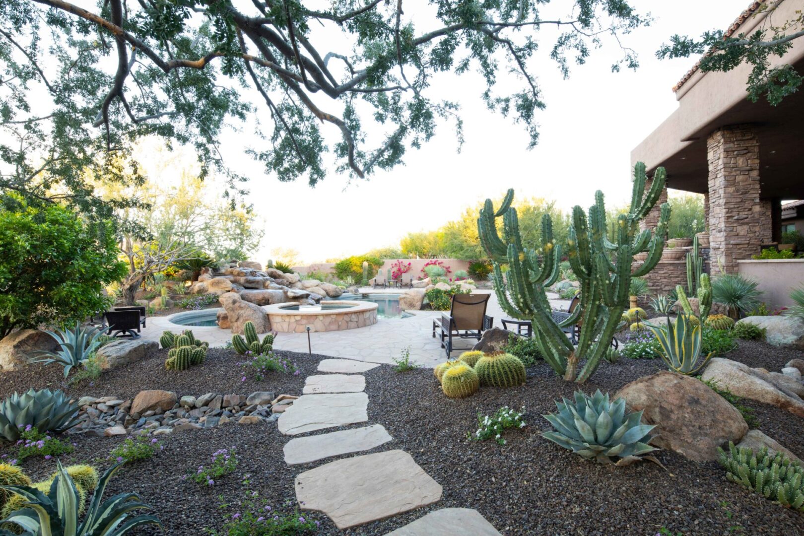 A backyard with a large garden and many plants