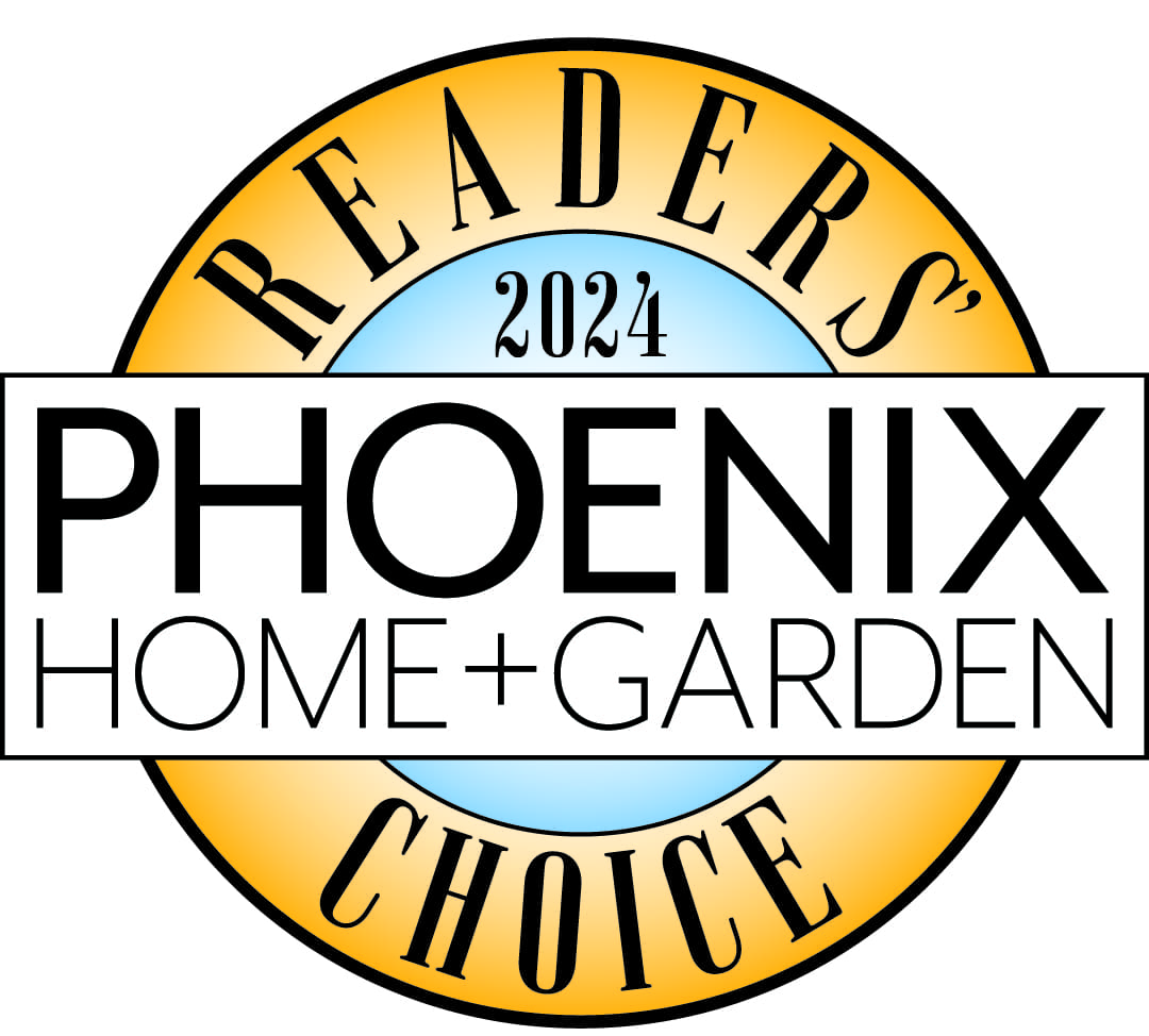 A yellow and blue logo for the phoenix home + garden readers ' choice award.