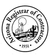 A black and white image of the arizona registrar of contractors logo.