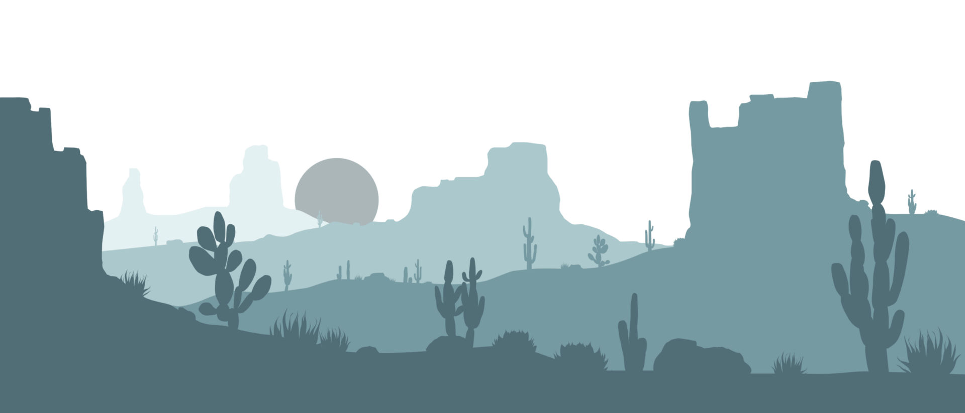 Desert landscape at sunset features cactus, rocky formations, and a setting sun, reminiscent of Monument Valley, in muted blue-gray tones.