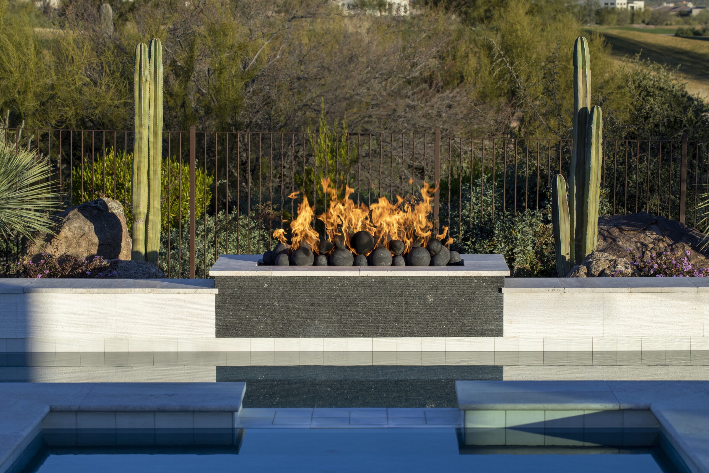 A serene outdoor scene with a fire feature, cactus plants, and a reflective pool, surrounded by natural desert landscape.
