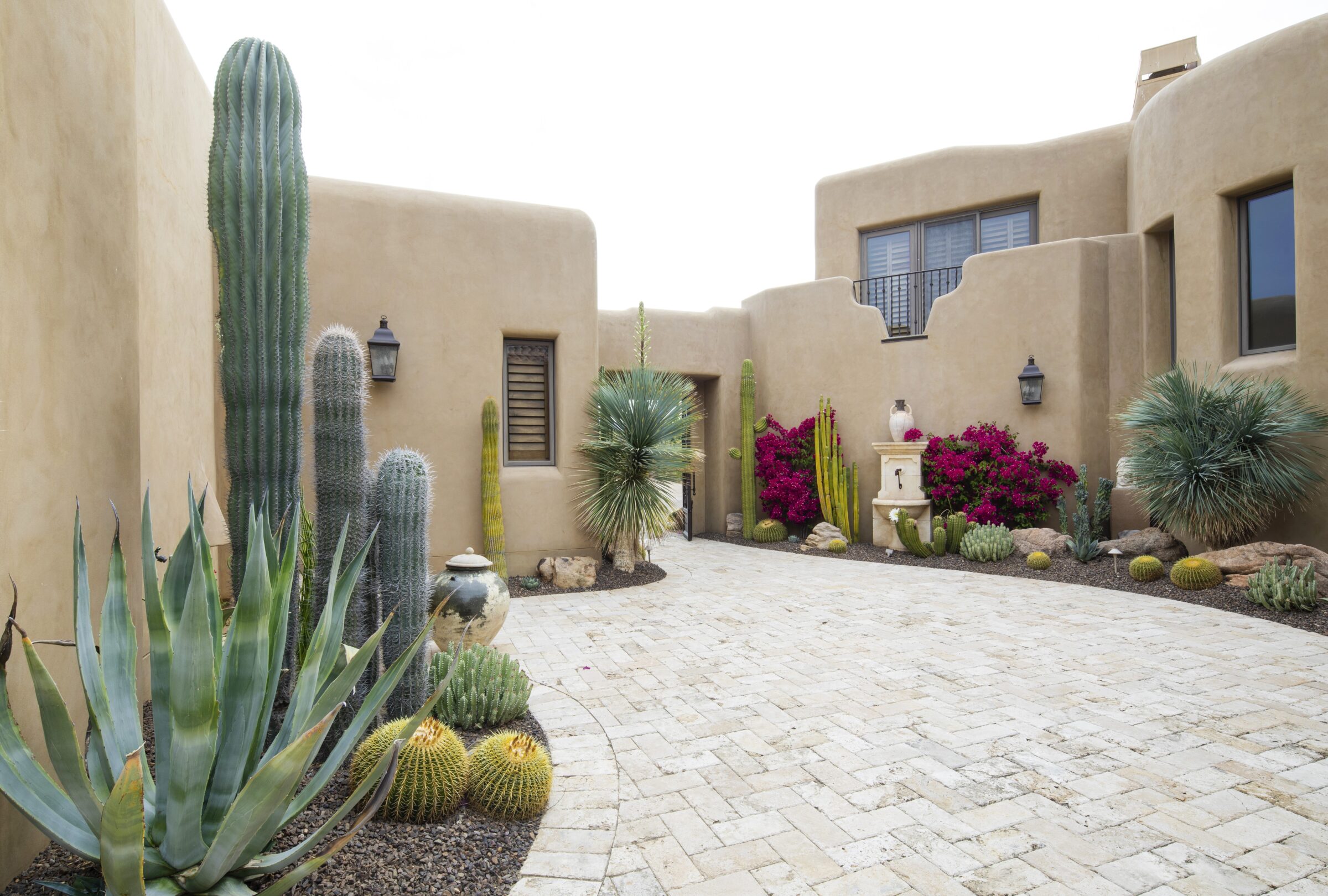Desert-style courtyard with adobe walls, various cacti, colorful flowers, and traditional pottery. Paved pathway leads through the arid, landscaped garden.