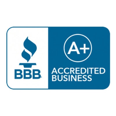 BBB logo displaying "A+ Accredited Business" on a blue background, featuring a stylized torch symbol next to the text.