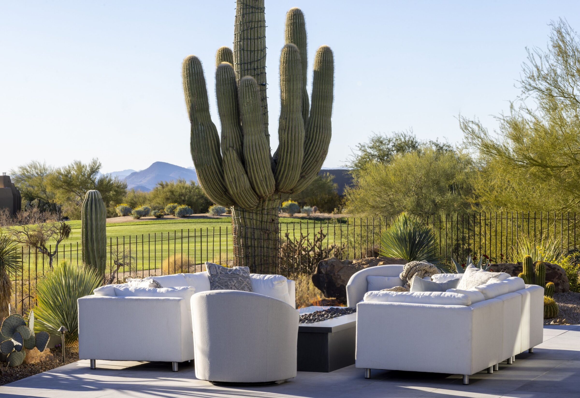 A serene outdoor seating area features white sofas beside a large cactus, overlooking a lush green landscape with distant mountains.