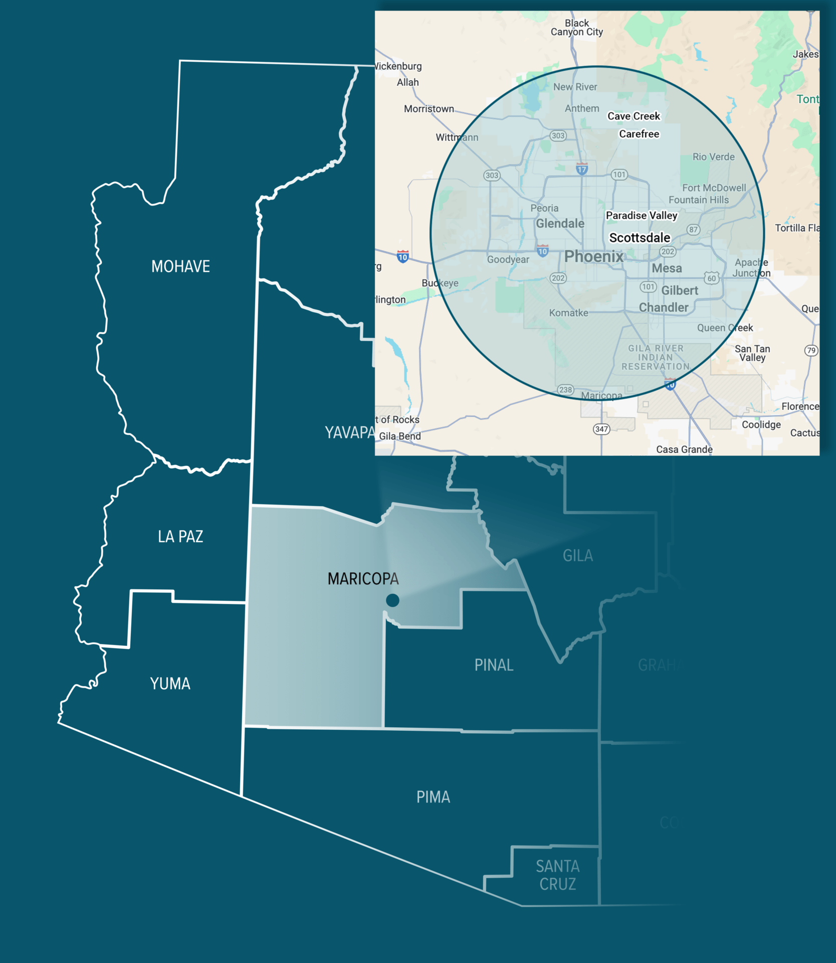 Map of Arizona highlighting Maricopa County with an inset showing Phoenix, Scottsdale, Glendale, and surrounding areas. Major roads and cities visible.